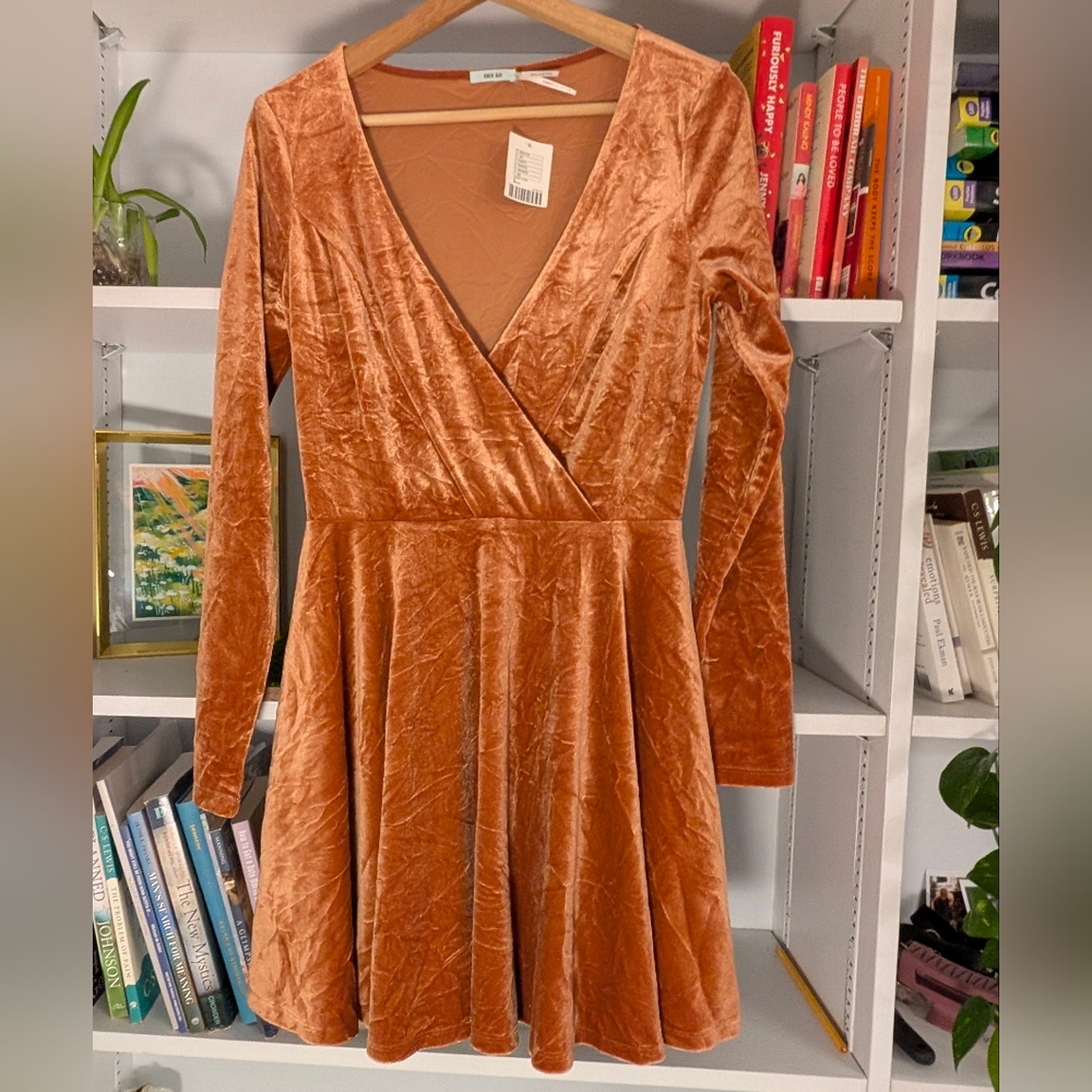 NWT Urban Outfitters Velvet Long Sleeve Dress Burnt Orange Size Medium Fairy - Picture 4 of 9
